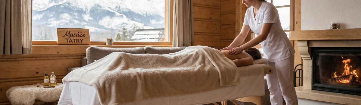 Masérka masíruje klienta na chate na drevenom masérskom stole pri krbe, z okna je výhľad na Vysoké Tatry