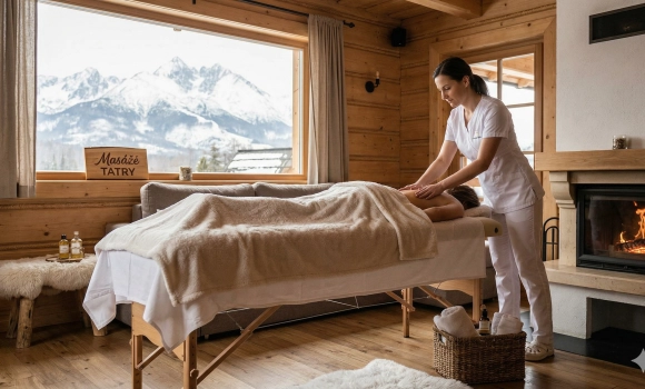 Masérka masíruje klienta na chate na drevenom masérskom stole pri krbe, z okna je výhľad na Vysoké Tatry